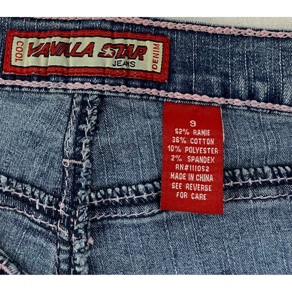 Vanilla Star Jean Shorts Juniors 9 Blue Denim Embroidered Pink Stitching Pockets - Picture 3 of 8